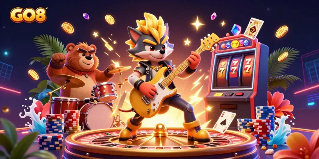 Engage with GO8's vibrant casino scene featuring a rock star wolf and drummer bear amidst dynamic gaming elements.