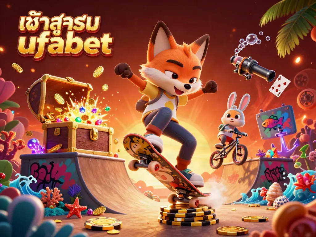 Engage with the vibrant world of online gambling through เข้าสู่ระบบ ufabet, featuring dynamic characters and casino elements.