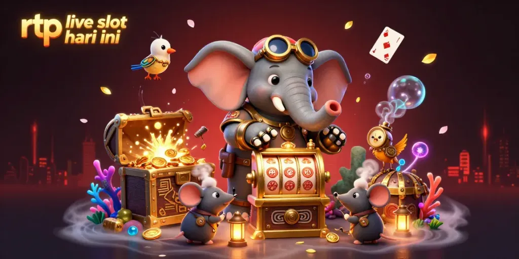 Play winning slots in the vibrant rtp live slot hari ini scene featuring steampunk elements and colorful treasures.
