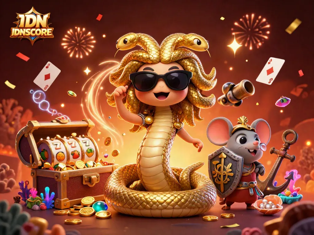 IDNSCORE engages players with a packed casino scene featuring Medusa and a mouse warrior amidst sparkling slot reels.