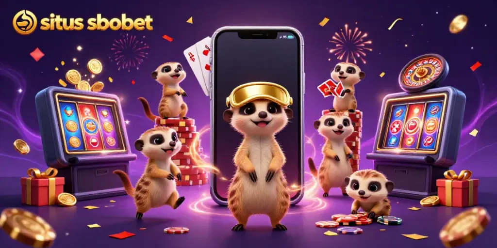 Experience the excitement of situs sbobet with playful meerkat dealers and a vibrant casino backdrop.