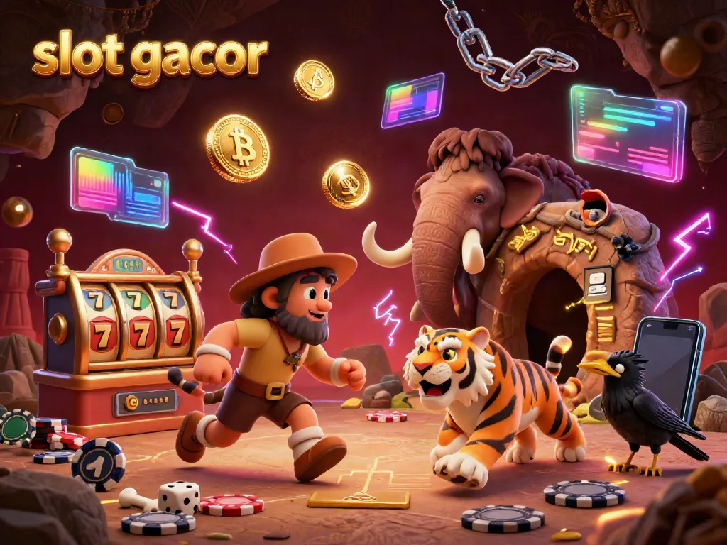 Experience thrilling slot gacor action with a vibrant prehistoric casino scene featuring cavemen and neon elements.