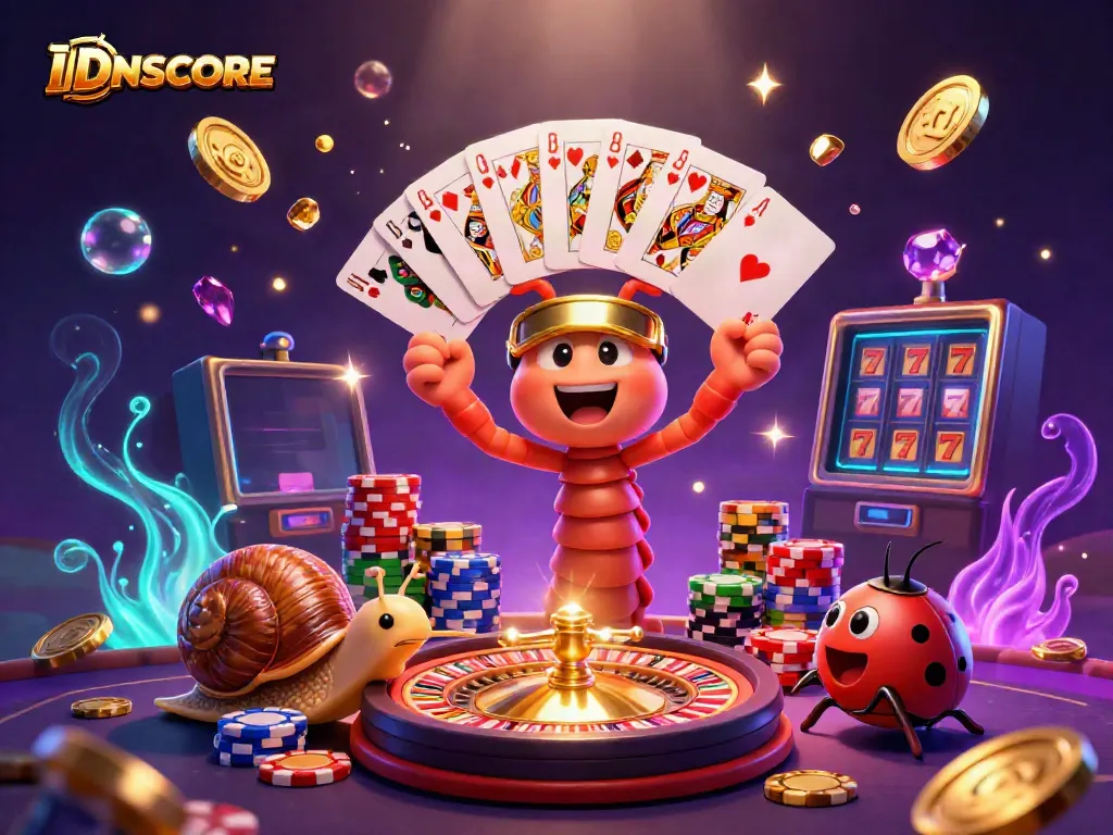 Experience thrilling gameplay with IDNSCORE's animated casino characters in an exciting digital casino environment.
