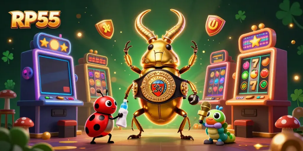 Play and win big with RP55's dynamic casino scene featuring vibrant slot machines and a unique boxing beetle champion.