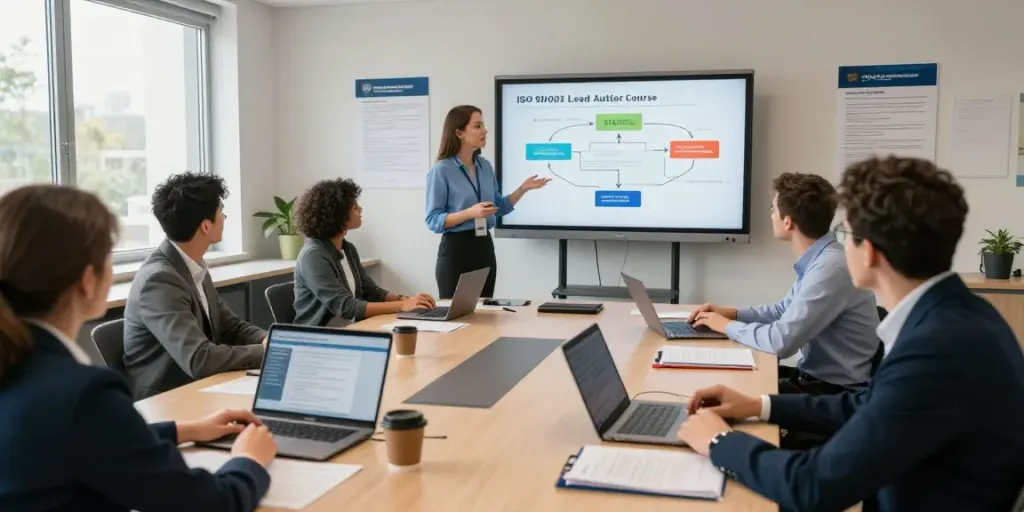 Participants in the ISO 9001 Lead Auditor Course engaged in learning with expert instructor in a bright classroom setting