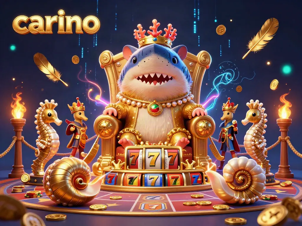 Experience exciting carino gaming with a fierce golden hamster king in a bustling casino scene.