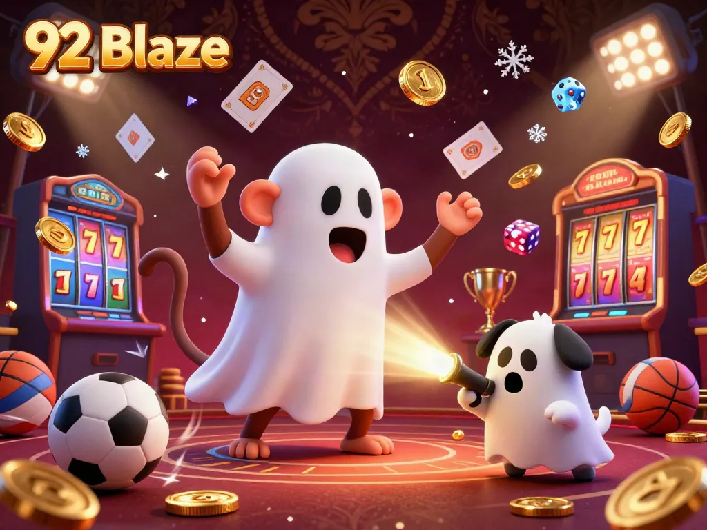 Engage with 92 Blaze's vibrant casino atmosphere featuring sportsballs, trophies, and golden rewards.