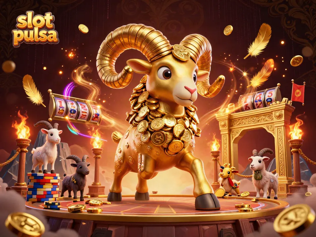 Experience thrilling slot pulsa action with a vibrant 3D cartoon illustration featuring a golden ram and dynamic game elements.