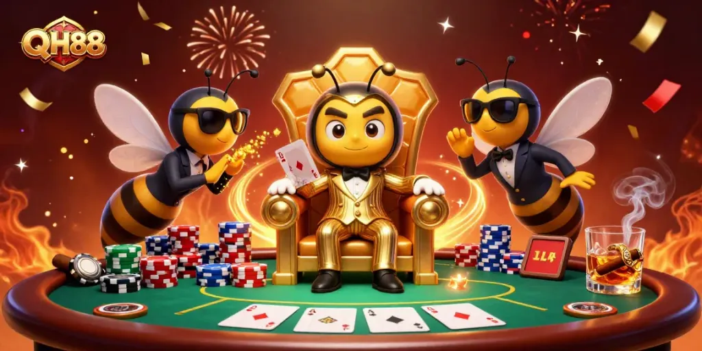 Win big with QH88 in this engaging 3D casino scene featuring poker elements.