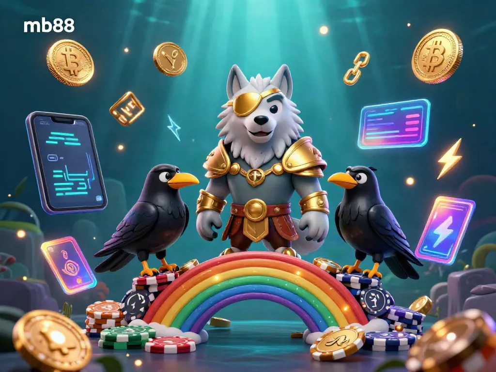 Engage in thrilling casino action with mb88 featuring a Norse wolf, glowing coins, and a vibrant setting.