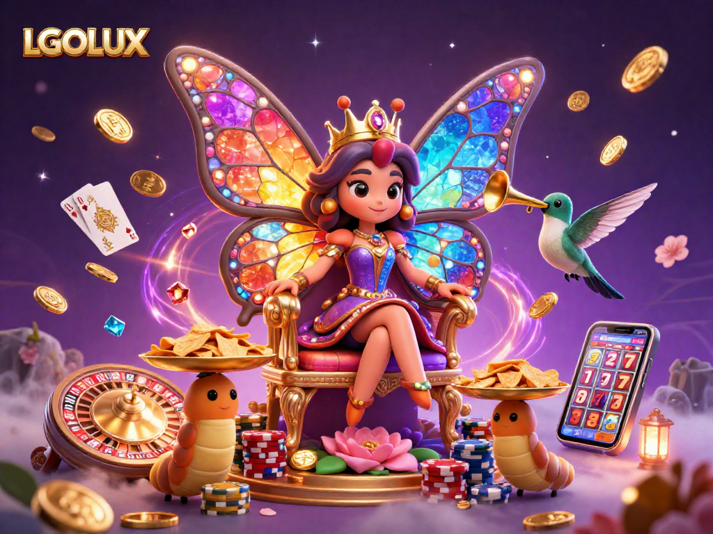 Engage in thrilling gameplay at LGOLUX with a vibrant casino scene featuring a butterfly queen and golden chips.