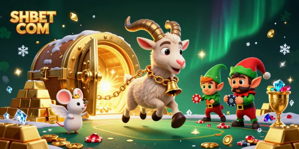 Engage with thrilling adventures at SHBET COM featuring festive characters in a dynamic casino scene.