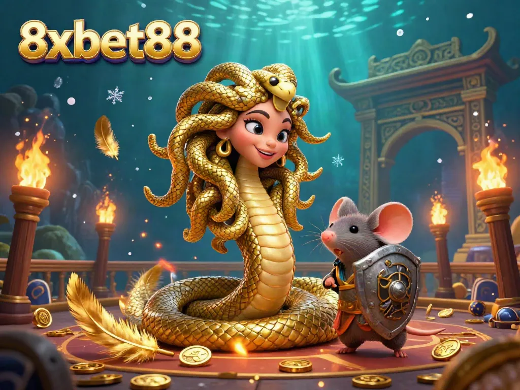 Engage with 8xbet88's vibrant casino atmosphere featuring Medusa and a warrior mouse.