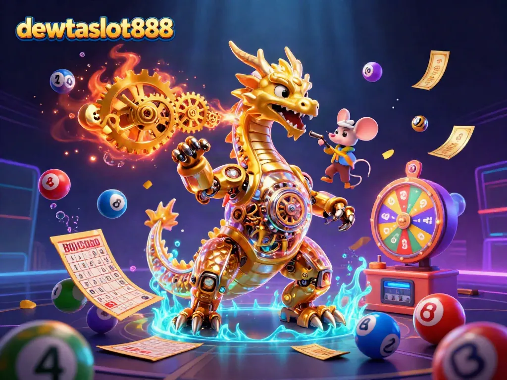 Rasakan keseruan permainan di dewataslot888 dengan naga emas mekanik dan bola lotere berwarna-warni.