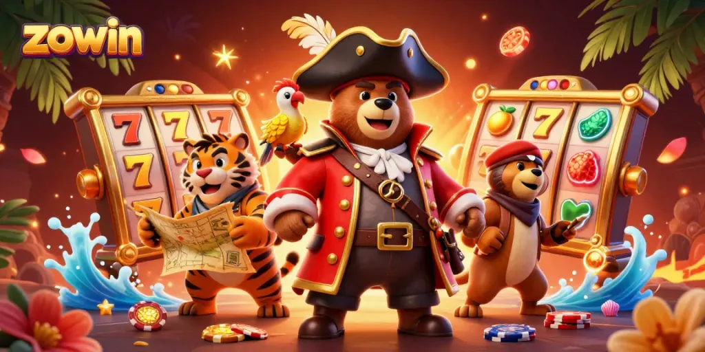 Zowin slot reels spin in a vibrant casino scene with a pirate bear and tiger, embodying excitement.