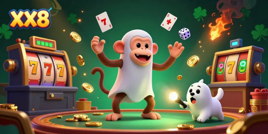 Experience thrilling moments with XX8 in a lively casino atmosphere featuring golden gaming elements and a playful poltergeist.