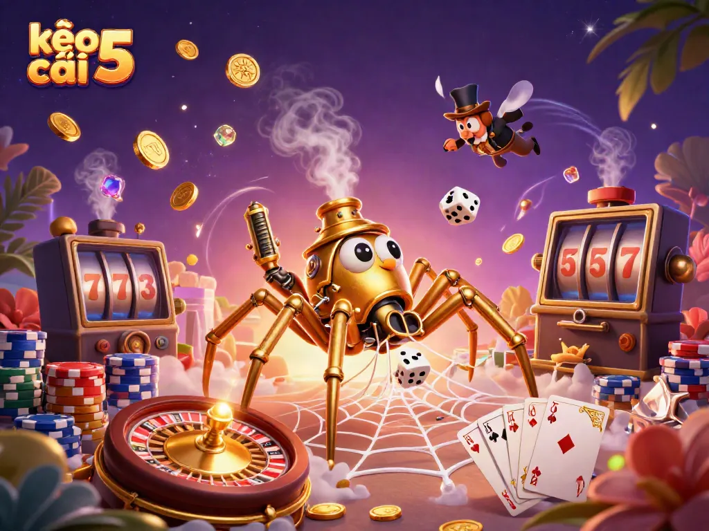 Engage with kèo nhà cái 5 in a vibrant casino game scene featuring a steampunk spider and golden elements.