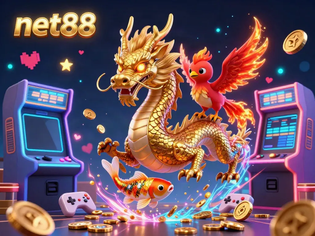 Engage with net88's vibrant online gaming world through this 3D illustration featuring a powerful dragon, phoenix, and koi fish.