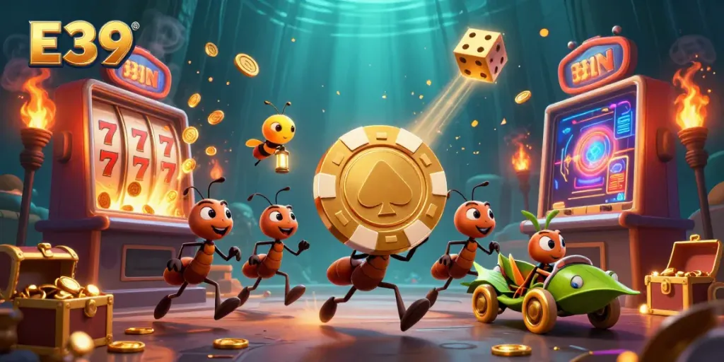 Experience thrilling wins at E39 as ants strategize heists amidst casino chaos in this vibrant illustration.