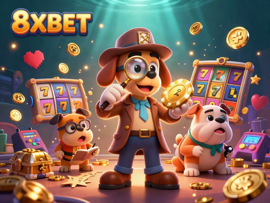 Engage in thrilling gameplay with 8XBET's vibrant 3D casino illustration, showcasing animated characters and casino elements.