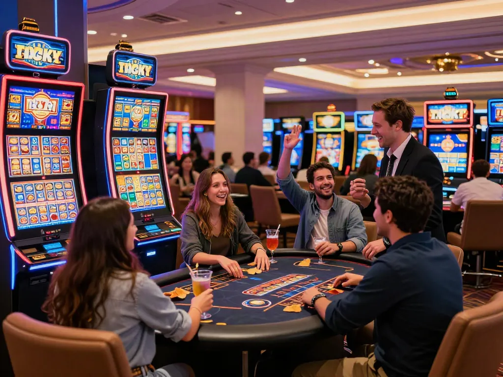 Friends enjoying a thrilling night at the Lucky777 casino with vibrant slot machines and neon lights.