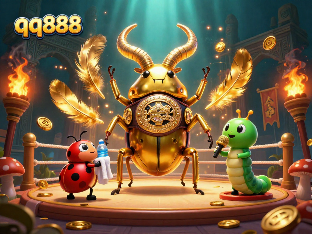 Experience thrilling action with qq888 as a golden stag beetle battles in a lively boxing ring.