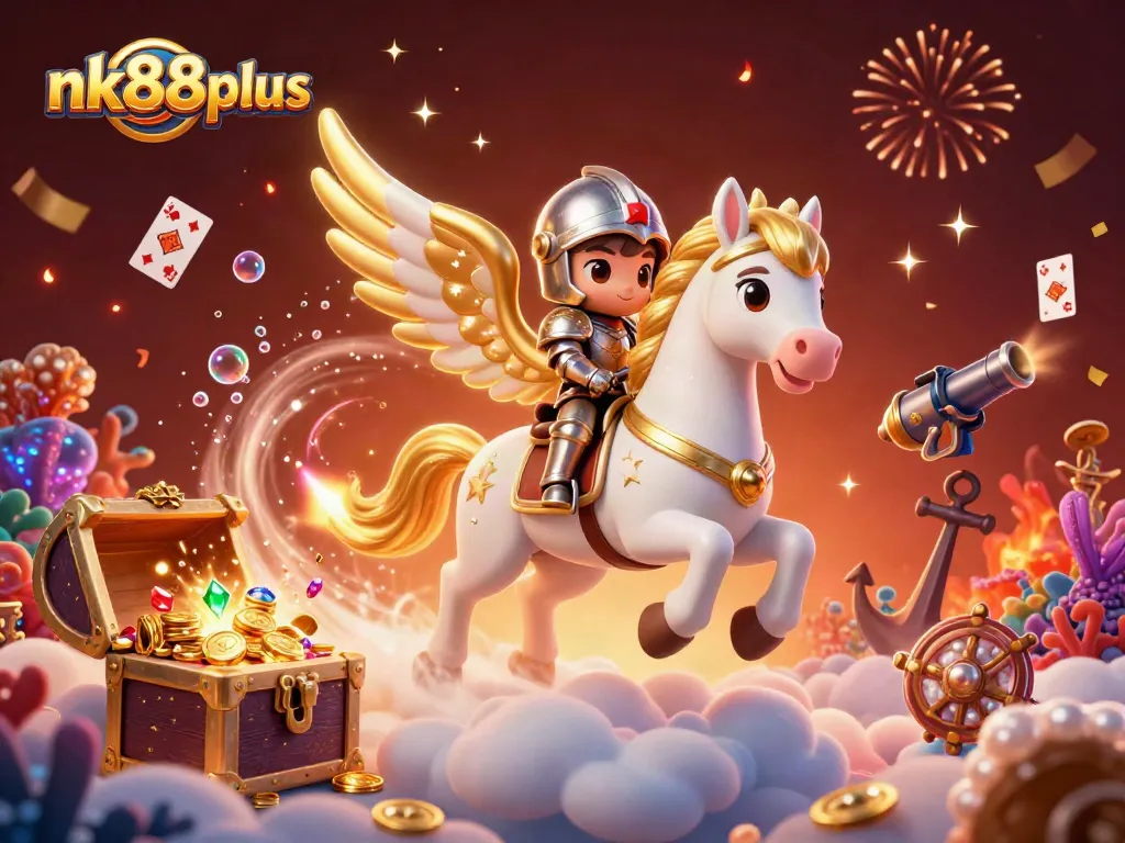 Experience the thrill of winning at nk88plus with a celestial scene featuring an armored knight and rich casino elements.