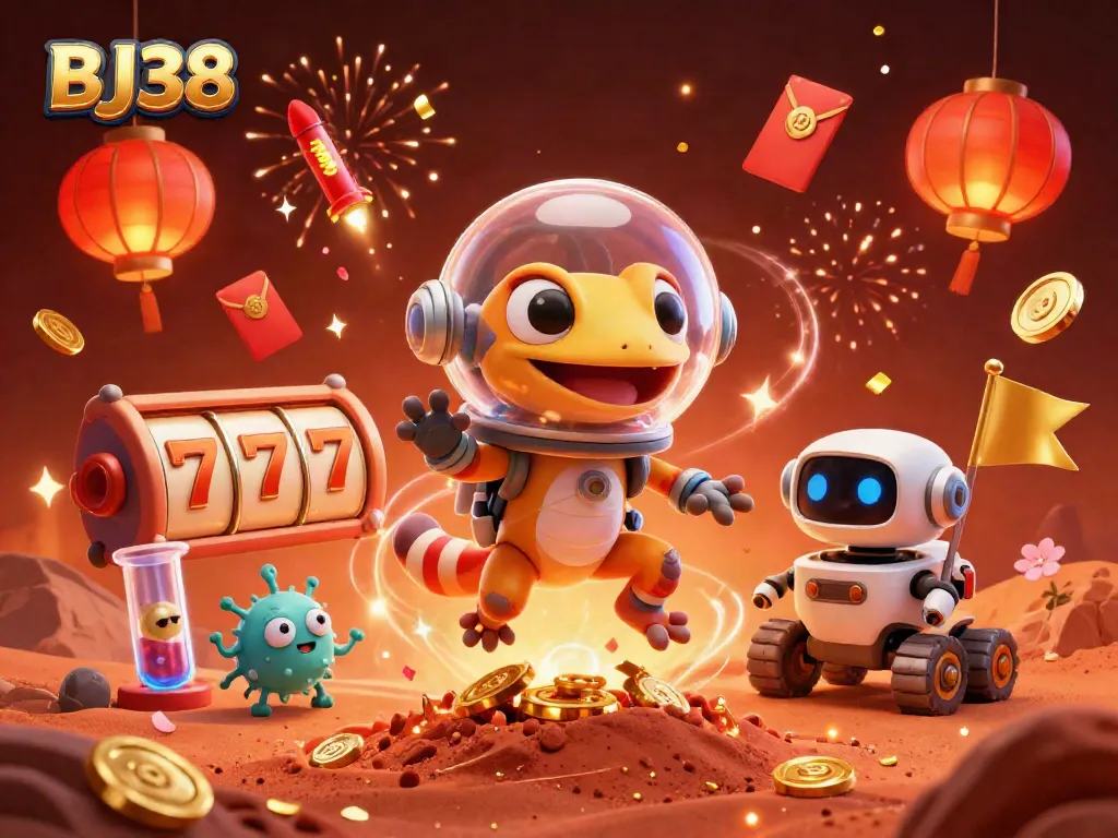 Play exciting games at BJ38's vibrant casino featuring a Martian gecko and golden elements.