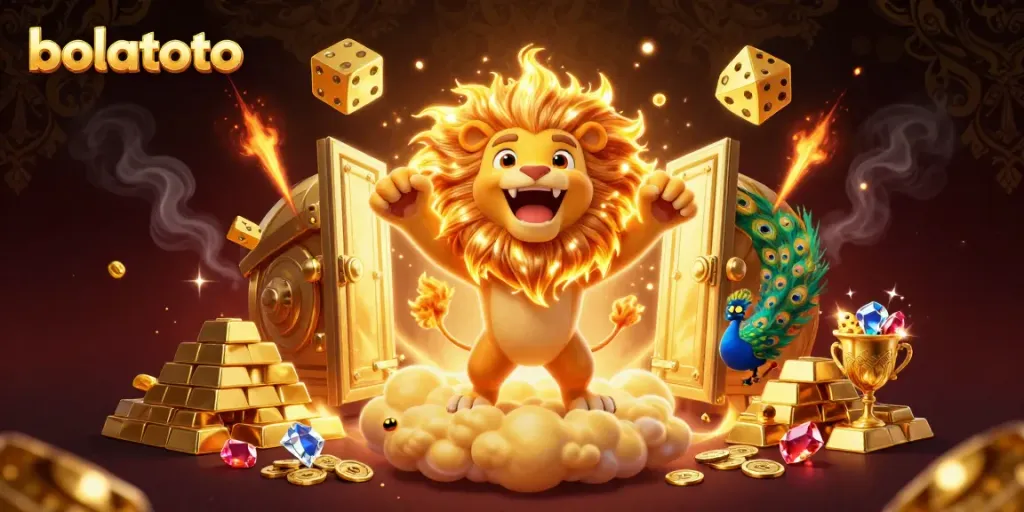 Experience bolatoto's vibrant casino adventures with a roaring lion and sparkling treasures.